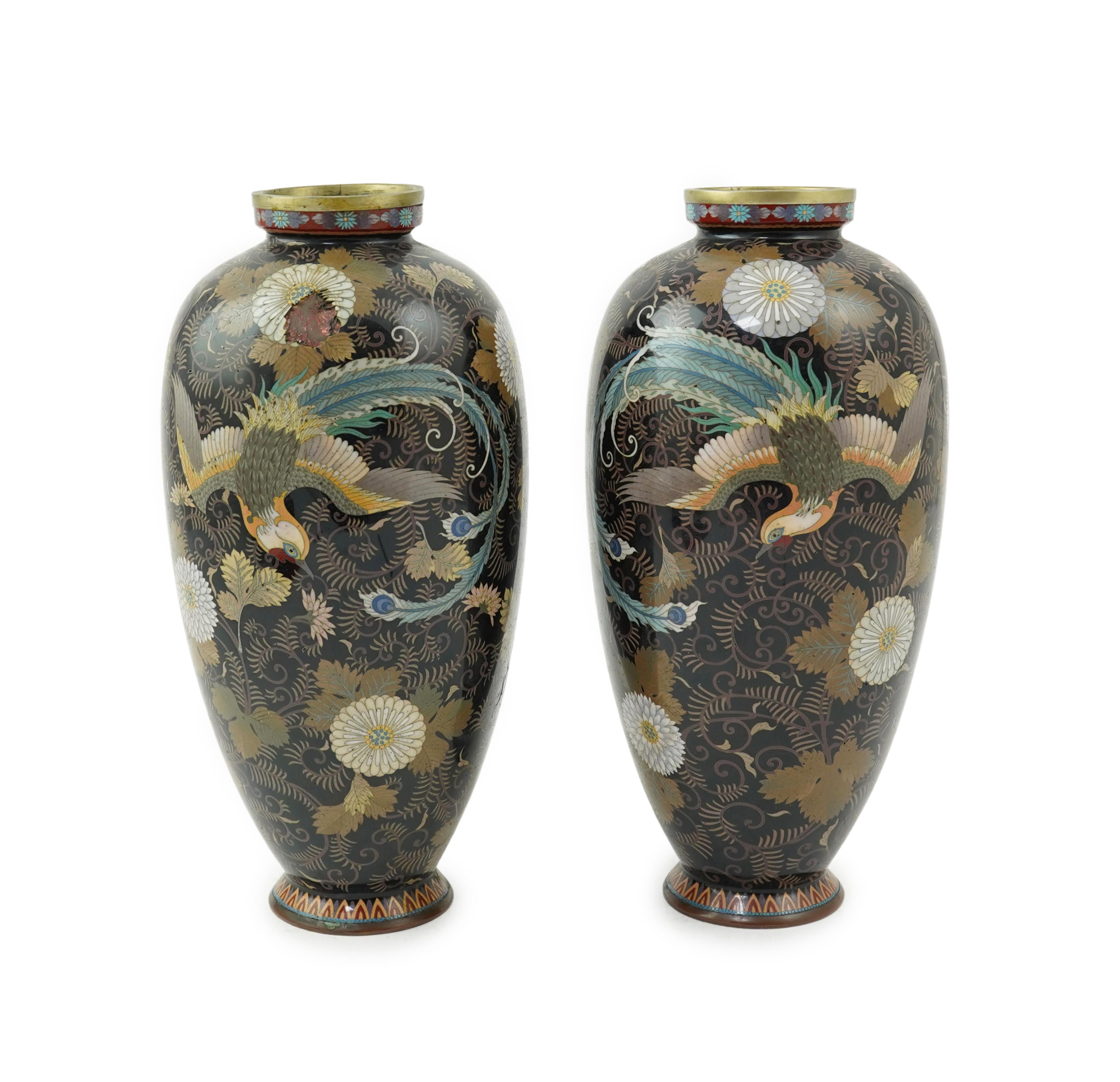 A pair of Japanese cloisonné enamel ‘phoenix’ vases, by Gonda Hirosuke I, Meiji period